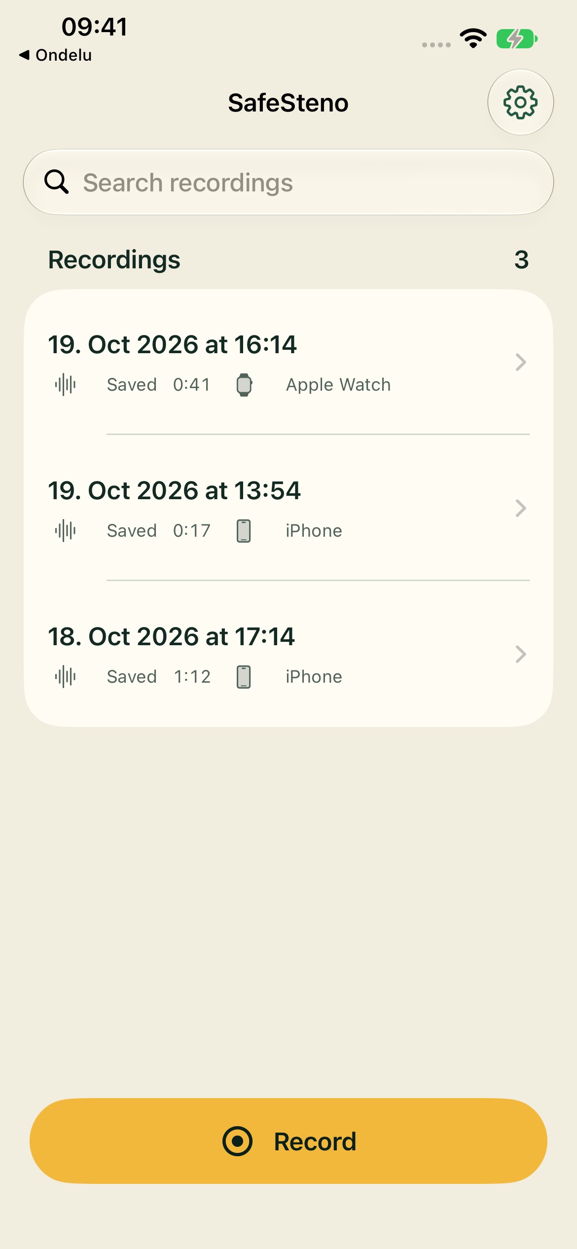 SafeSteno’s iPhone recording library with sample audio entries, recording durations, device labels and a Record button.